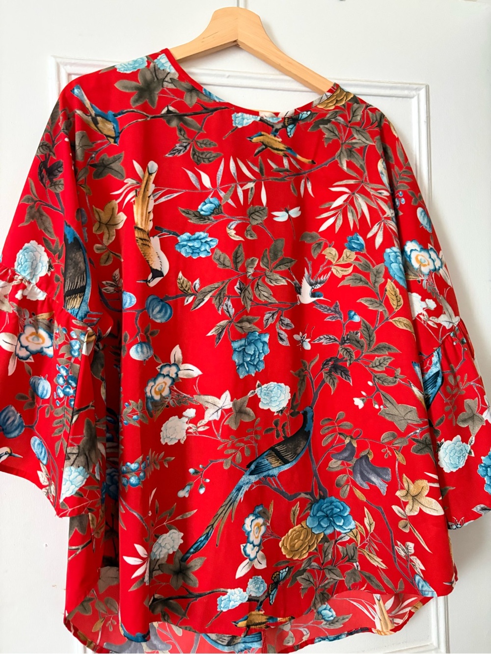 Red Floral & Bird Print Blouse